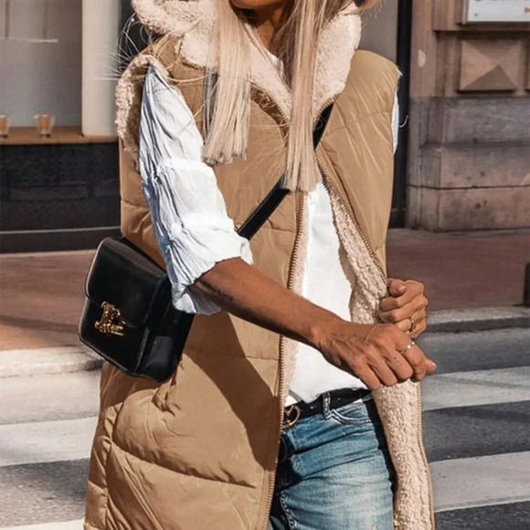 Light Camel Casual Women's Reversible Sleeveless Hooded Vest Jacket - Picture 5 of 6